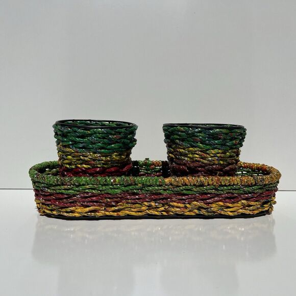 Recycled Red Yellow Green Candy Wrapper 2 Pen Basket  And Small Oval Basket - Picture 1 of 10